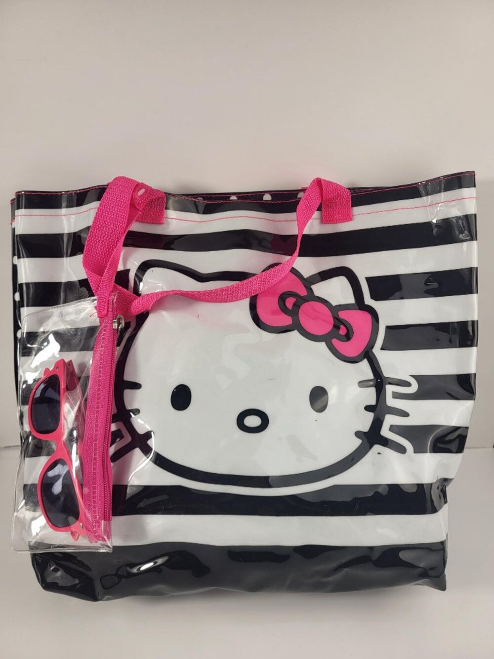 Sanrio Hello Kitty Clear Vinyl Striped Polka Dot Beach Tote Bag + Zipper Pouch